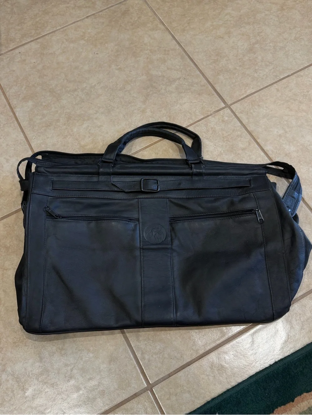 Men's Black Leather Duffel Bag with Front Zip Pockets